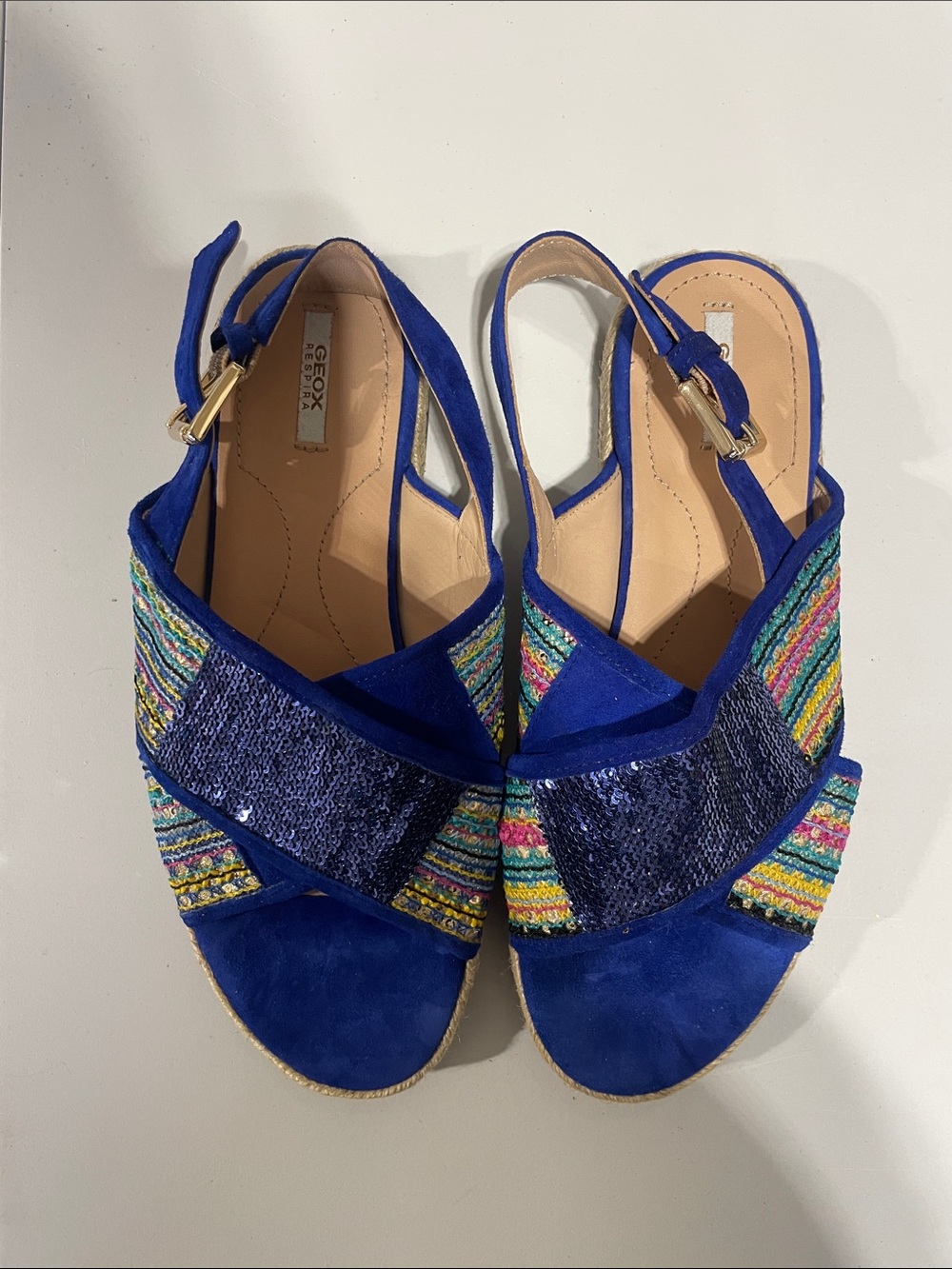 Geox Royal Blue Suede Wedge Sandals with Sequined & Multicolor Trim